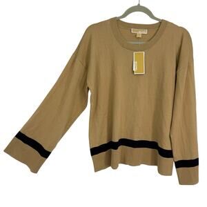 Michael Kors Wide cuff Sweater Khaki Black Stripe Pullov Size Large